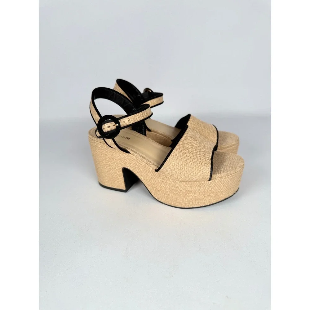 Larroude Miso Tan Raffia Platform Block Heel Sandals Black Trim Size‎ 6